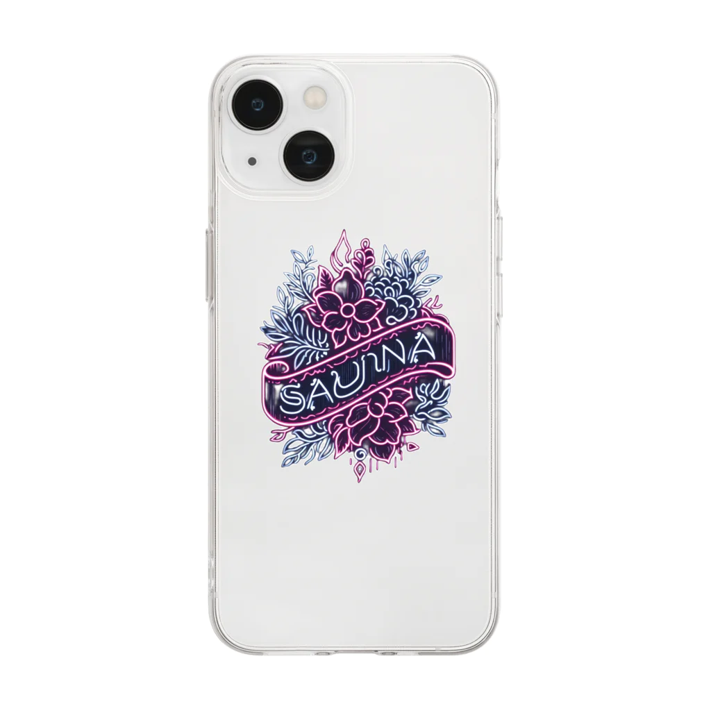 N SAUNA LOGOのネオン風花柄サウナロゴ11　花柄ver.4 Soft Clear Smartphone Case