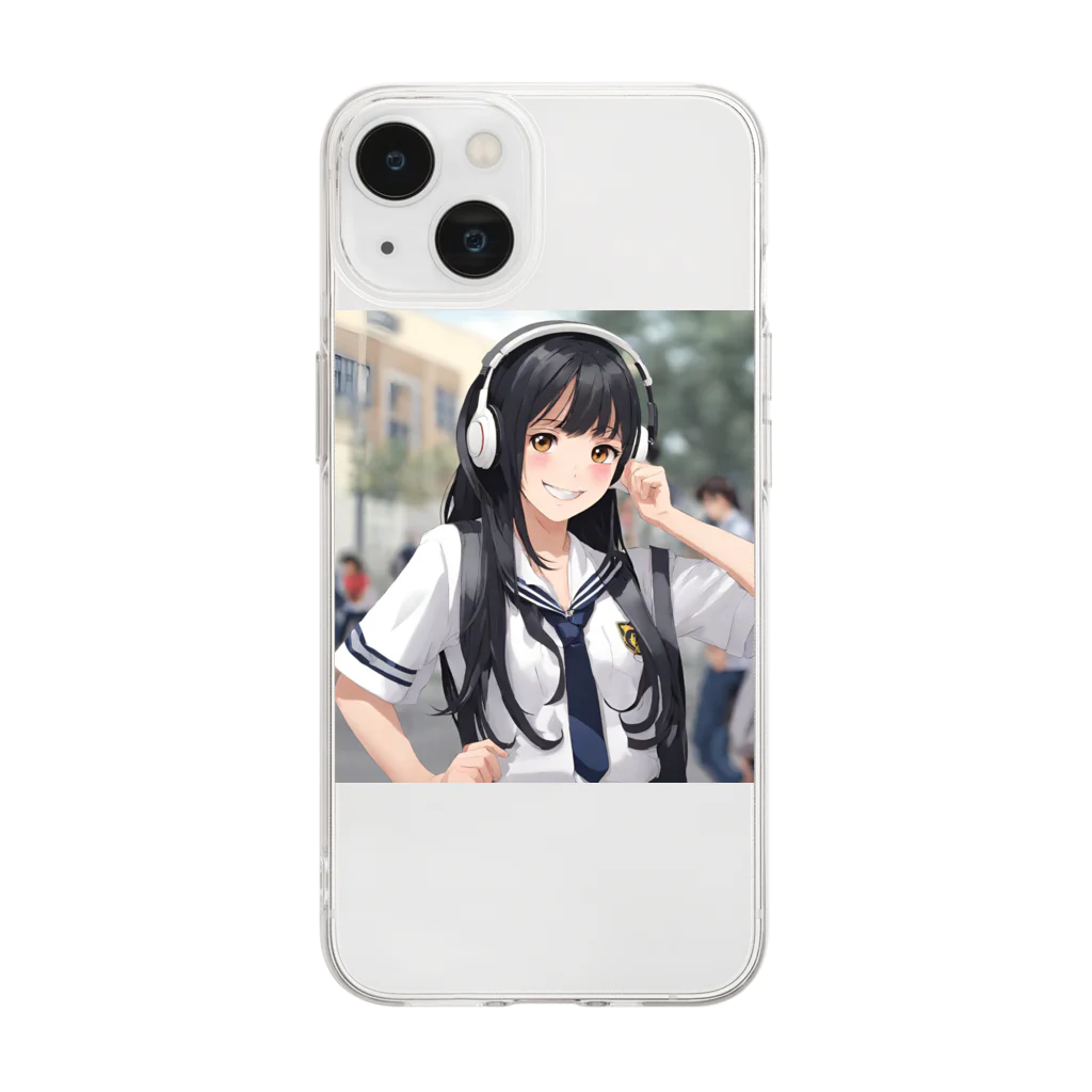 可愛いは正義！の笑顔のセーラー服女子高生　ヘッドフォン Soft Clear Smartphone Case