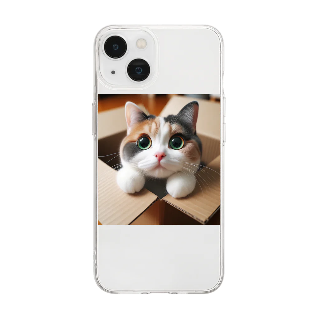 Cats-loveのダンボールボックスに潜むキュートな三毛猫グッズ Soft Clear Smartphone Case