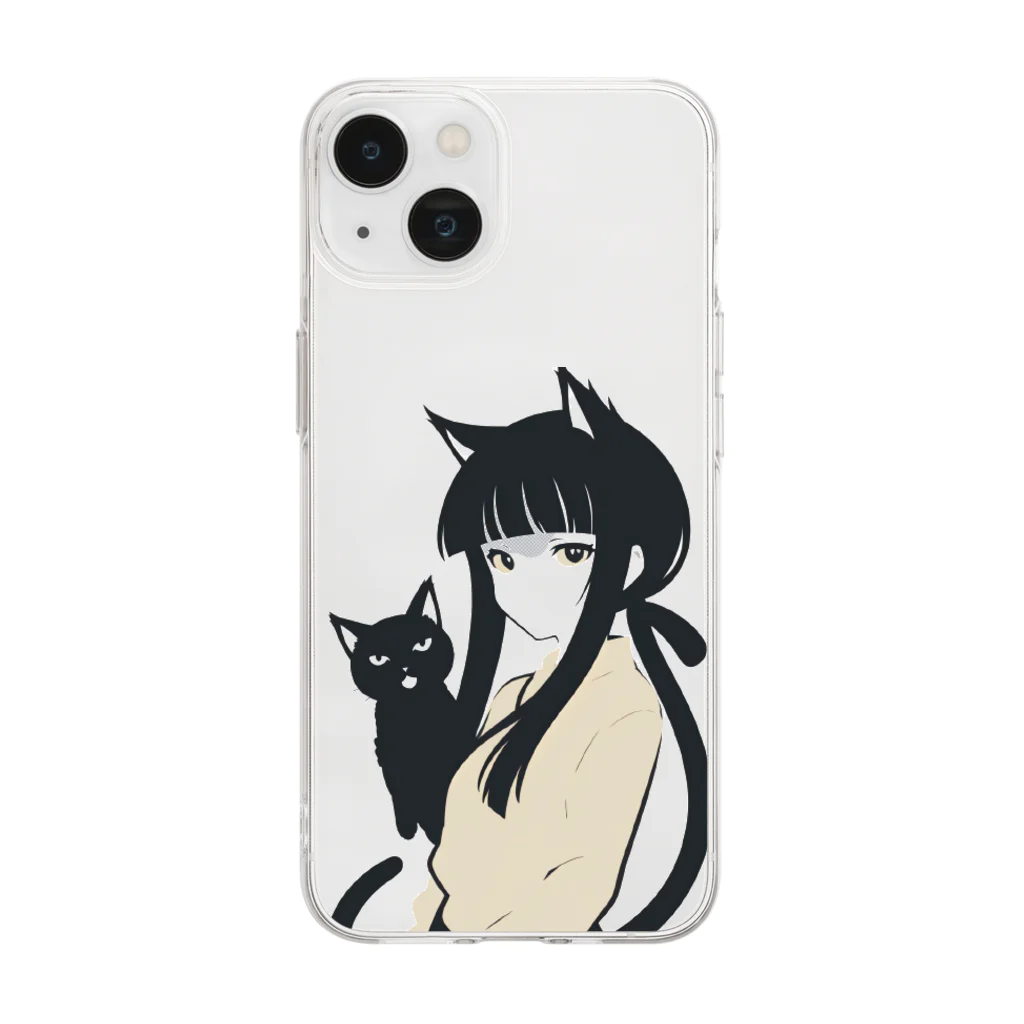 ChamarelliArtの黒猫の少女 Soft Clear Smartphone Case