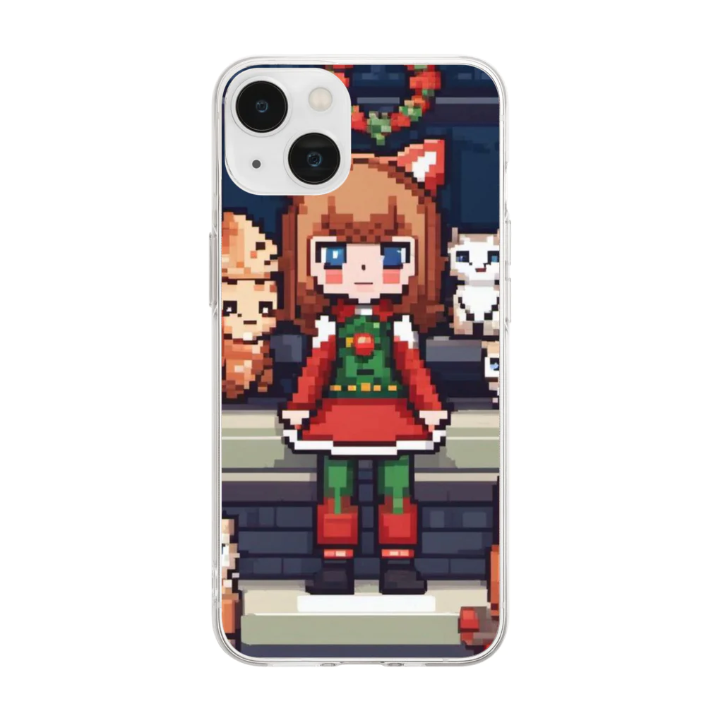 ruiruirの女の子と猫　クリスマス　ドット絵 Soft Clear Smartphone Case