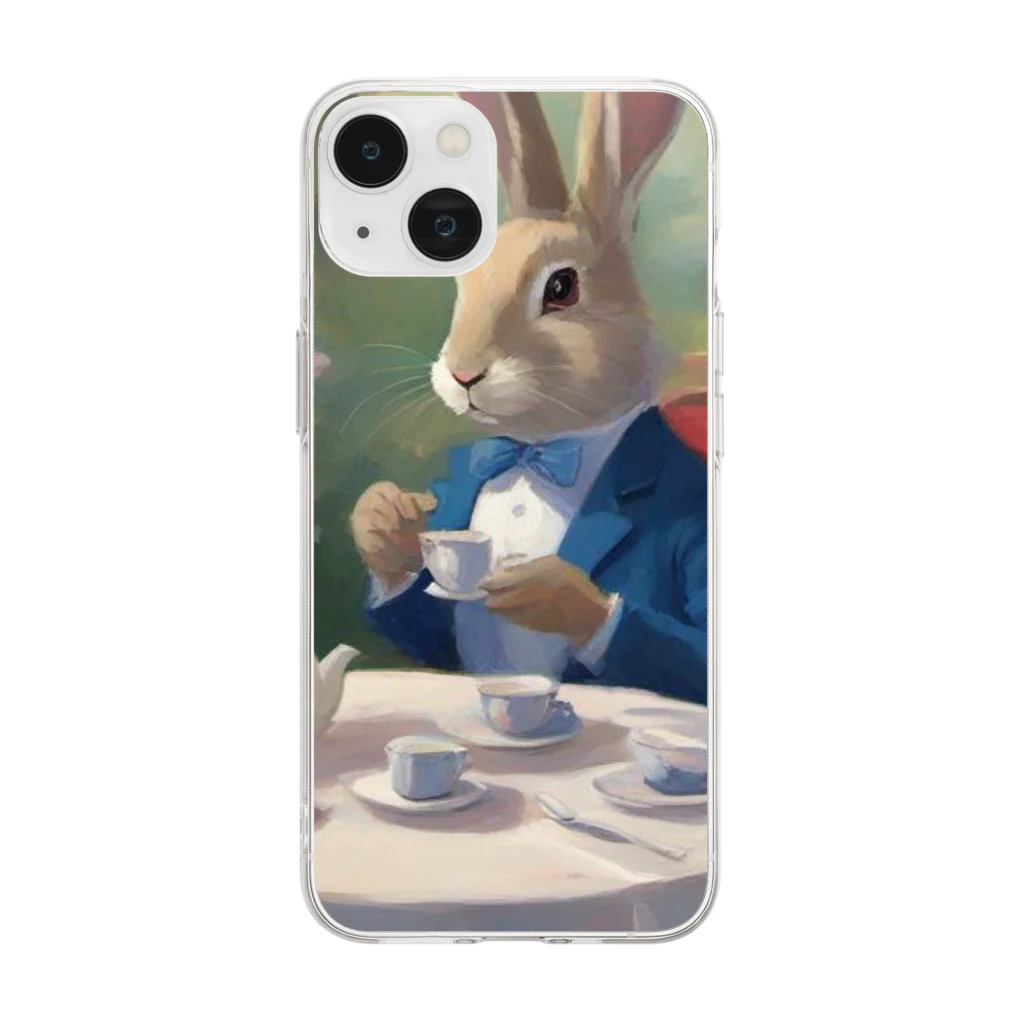 -888-のティータイム紳士ウサギ Soft Clear Smartphone Case