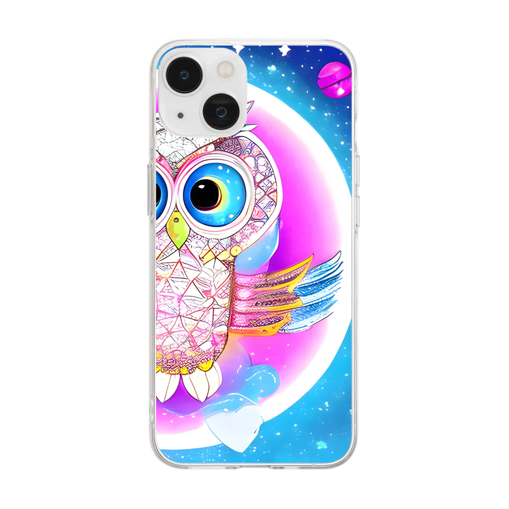 Moichi Designs Shop-2023のフクロウの宇宙飛行士 Soft Clear Smartphone Case