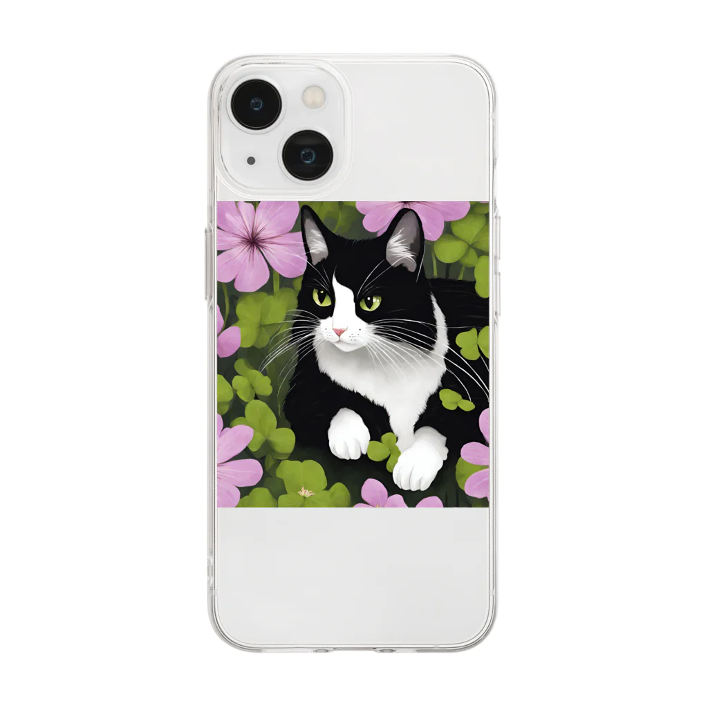 capcat1919のハチワレ白黒猫とオキザリス Soft Clear Smartphone Case