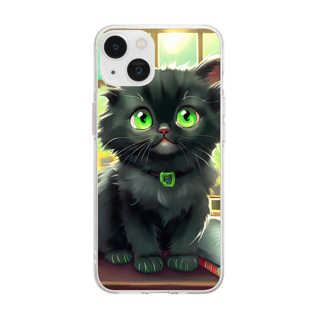 yoiyononakaの図書室の黒猫01 Soft Clear Smartphone Case