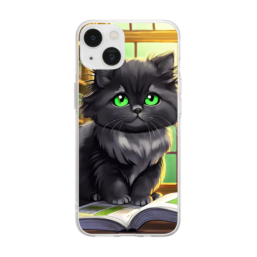 yoiyononakaの図書室の黒猫02 Soft Clear Smartphone Case