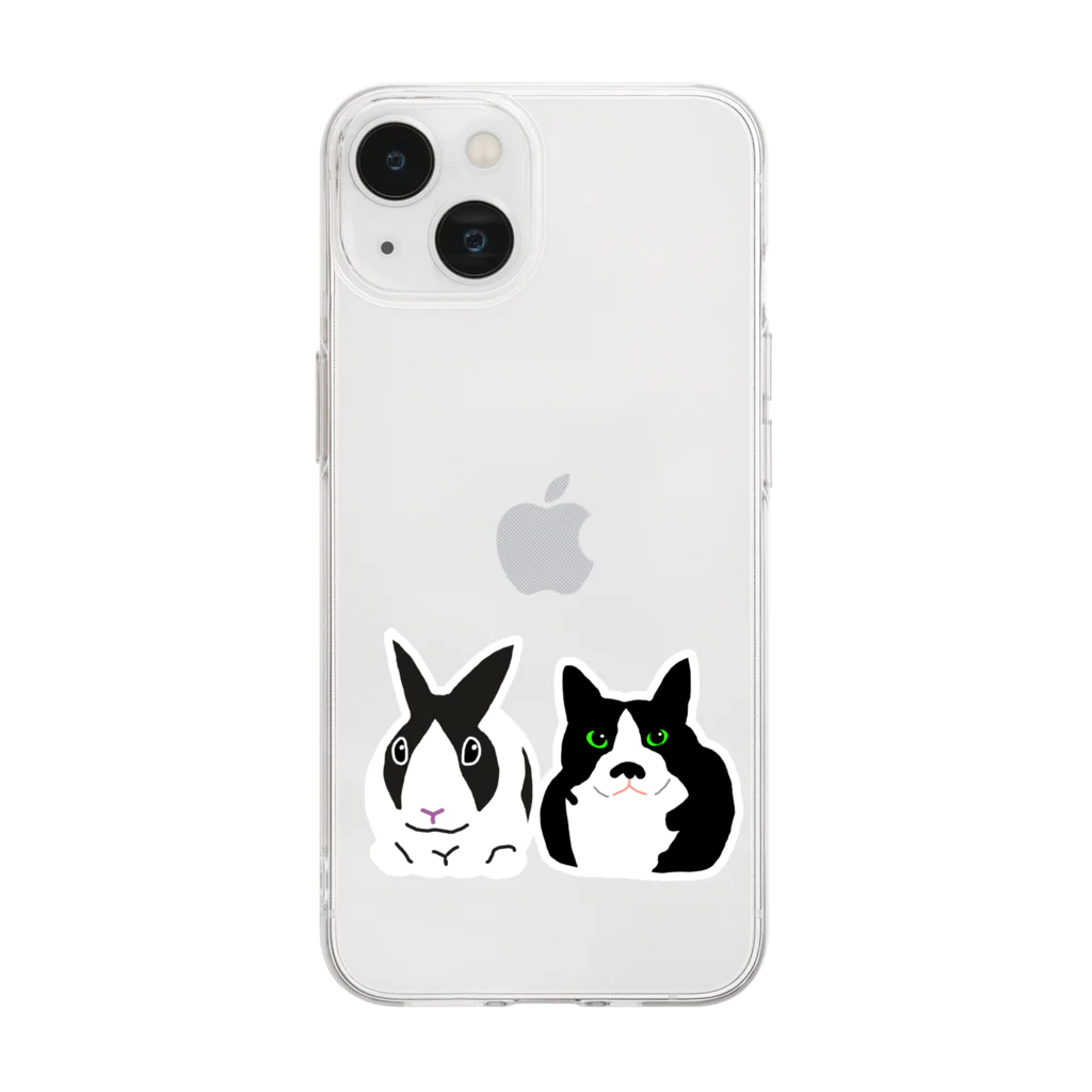 黒白部のダッチうさぎ(香箱)とハチワレねこ Soft Clear Smartphone Case