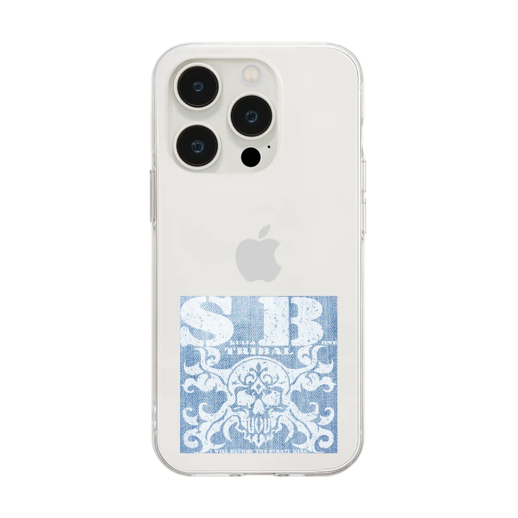 Ａ’ｚｗｏｒｋＳのSKULL&BONE TRIBAL GRUNGE WHT ON DENIM Soft Clear Smartphone Case