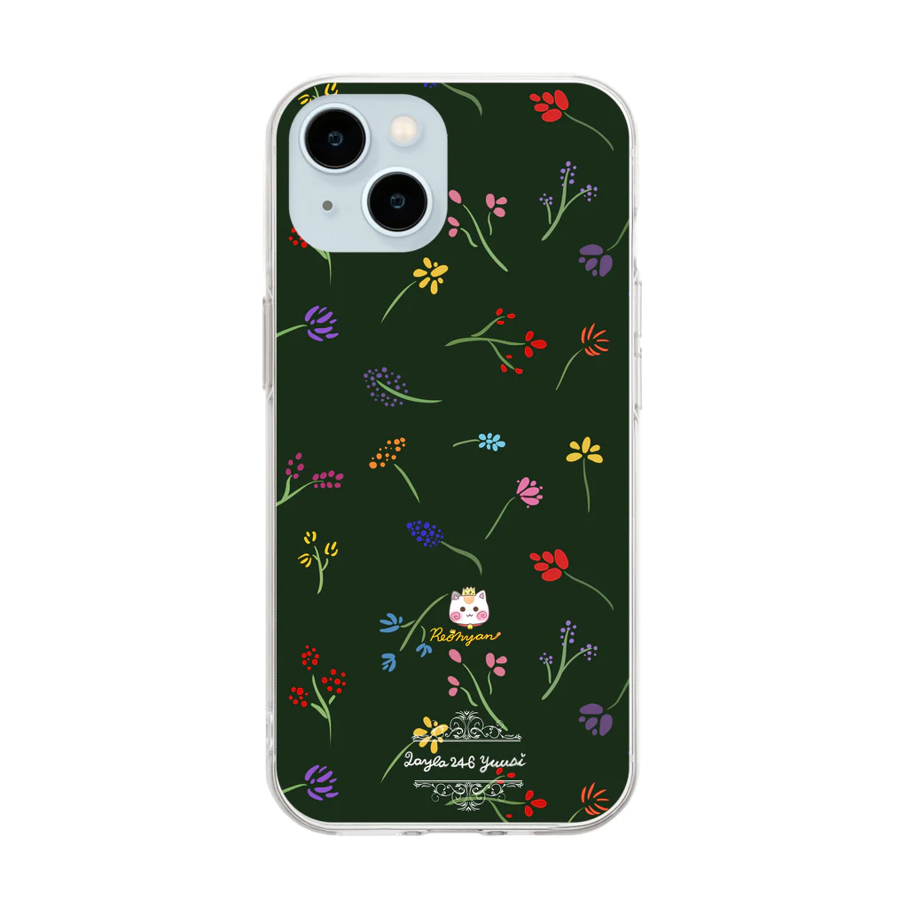 旅猫王子れぉにゃん👑😼公式(レイラ・ゆーし。)のくすみカラー【小花柄☆れぉにゃん】モスグリーン Soft Clear Smartphone Case