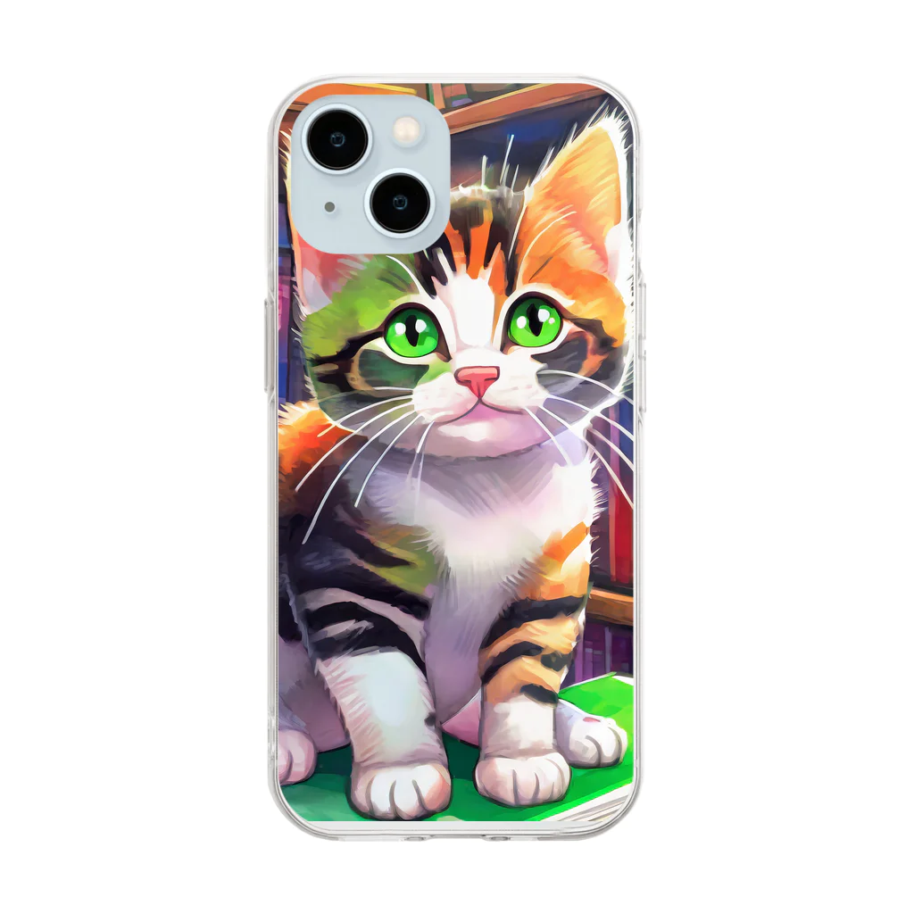 yoiyononakaの三毛猫と図書室 Soft Clear Smartphone Case