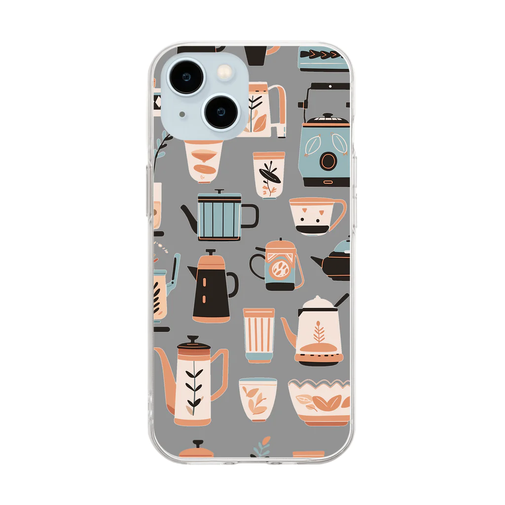 rinnekotiのcoffee pot (gray） Soft Clear Smartphone Case