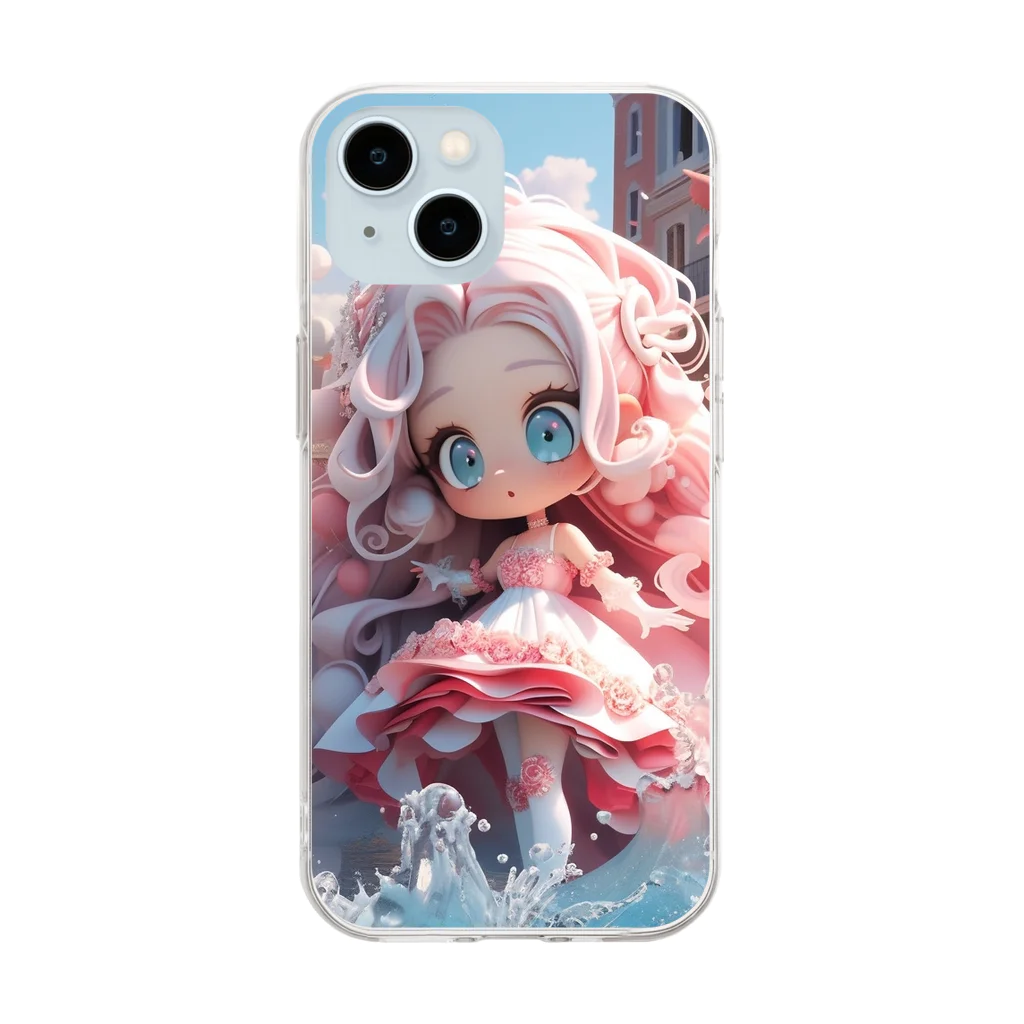 シロクマペンギンの水たまりとピンクガール Soft Clear Smartphone Case