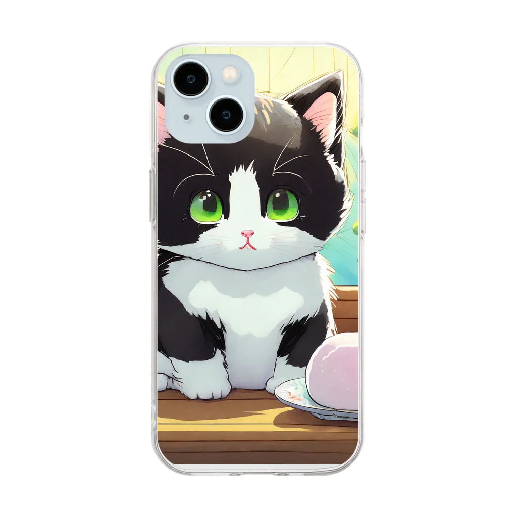 yoiyononakaのお餅と白黒猫 Soft Clear Smartphone Case