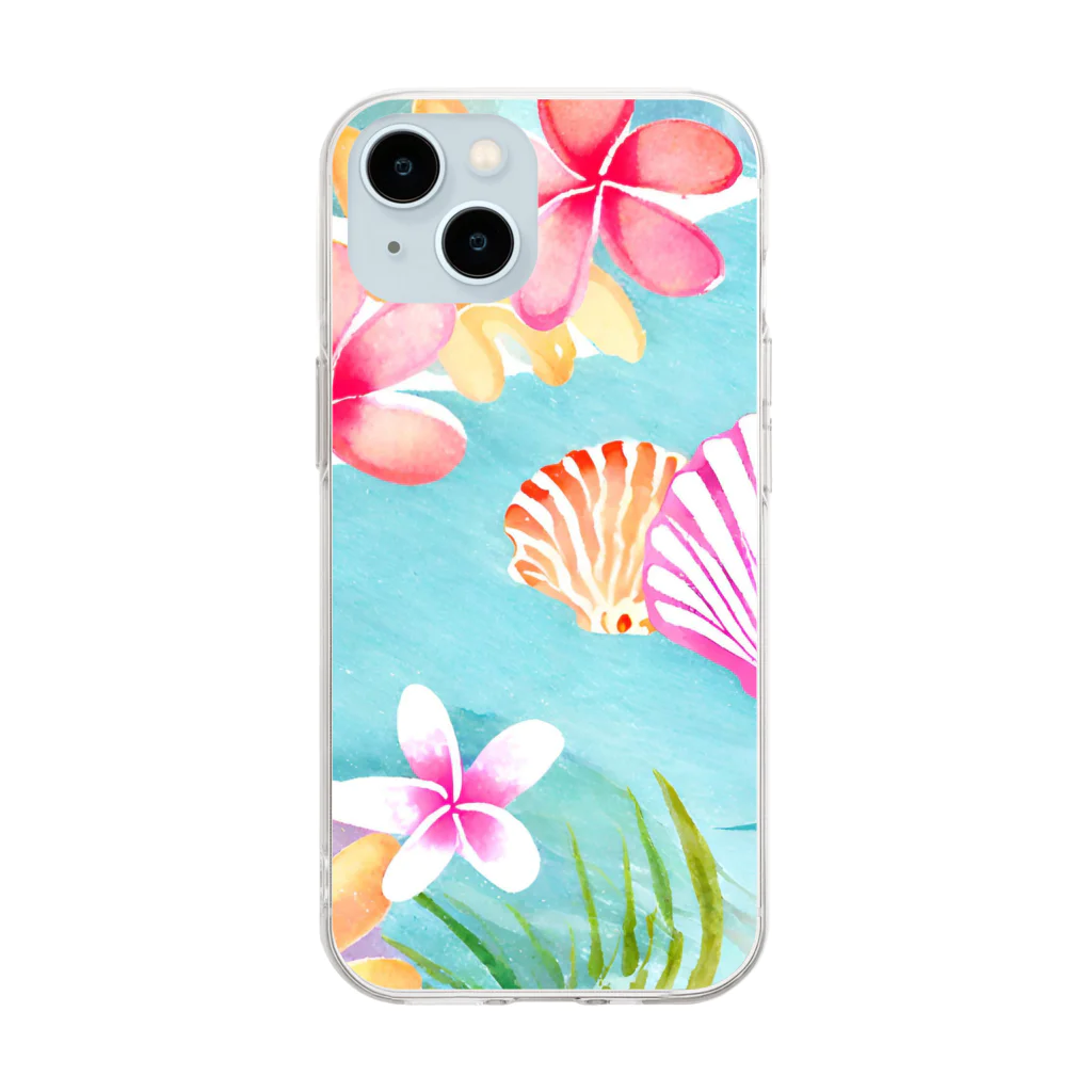 tropical artのプルメリアフラワー＆シェル　plumeria flower & shell Soft Clear Smartphone Case