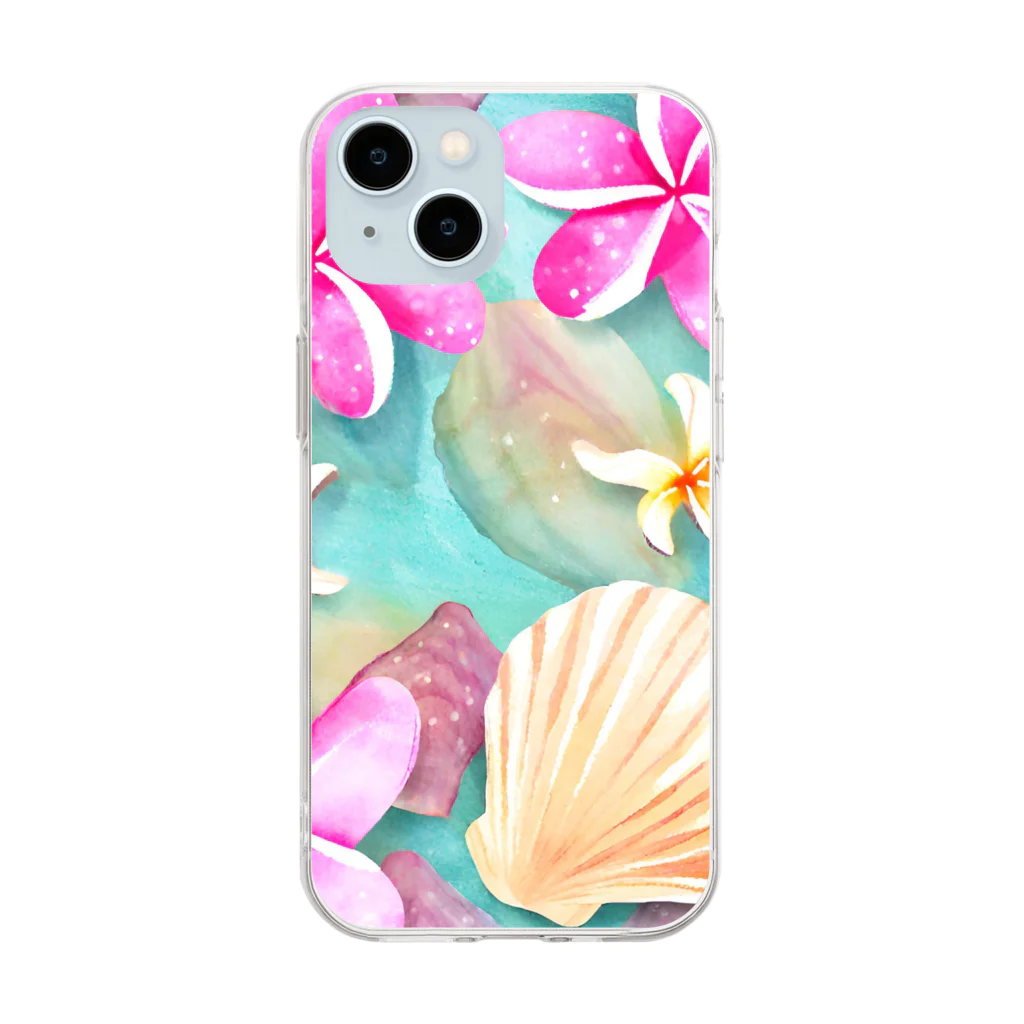 tropical artのプルメリアフラワー＆シェル　plumeria flower & shell Soft Clear Smartphone Case