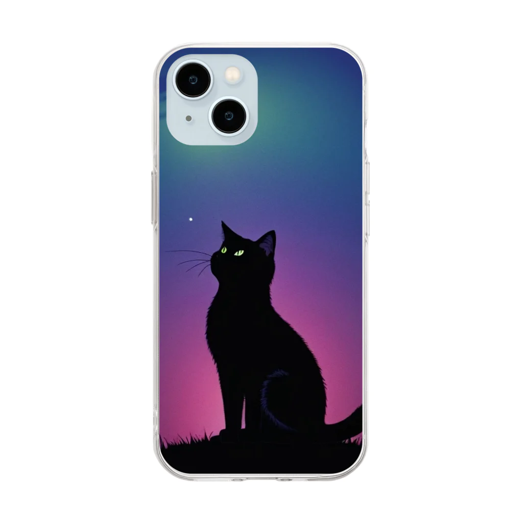 幸運のしっぽの黒猫と不思議な夜 Soft Clear Smartphone Case