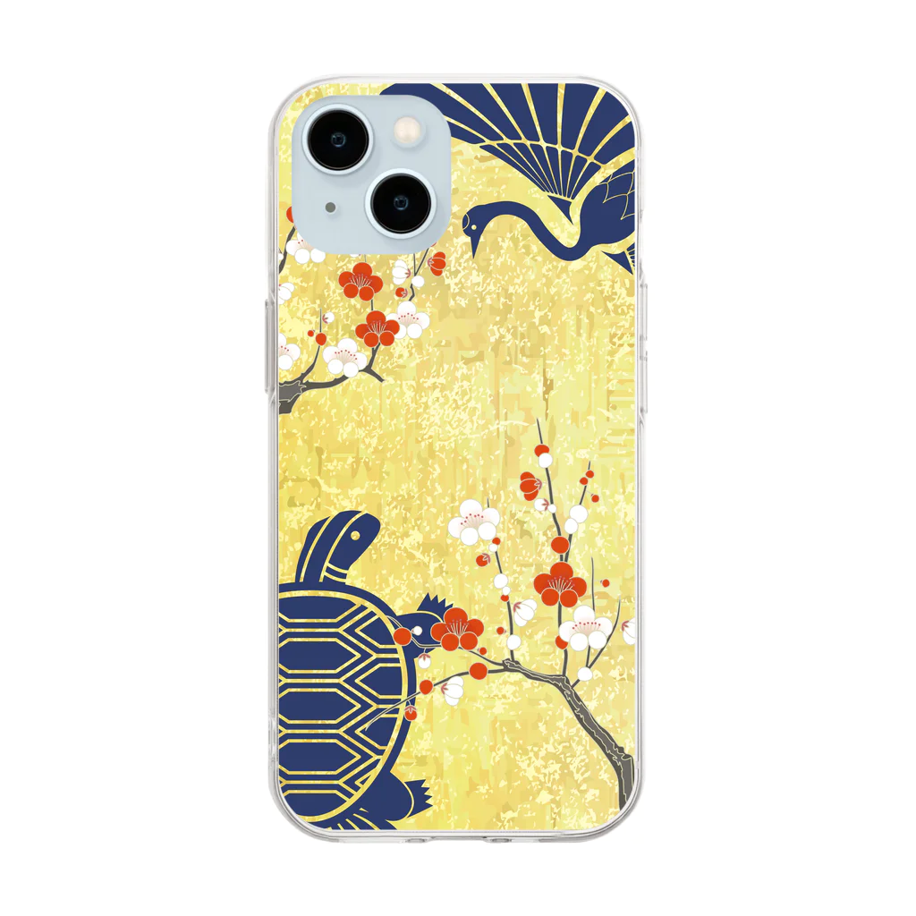 Musashi和柄Shop 【Japanese pattern】の鶴亀紅白梅ソフトクリアスマホケース Soft Clear Smartphone Case