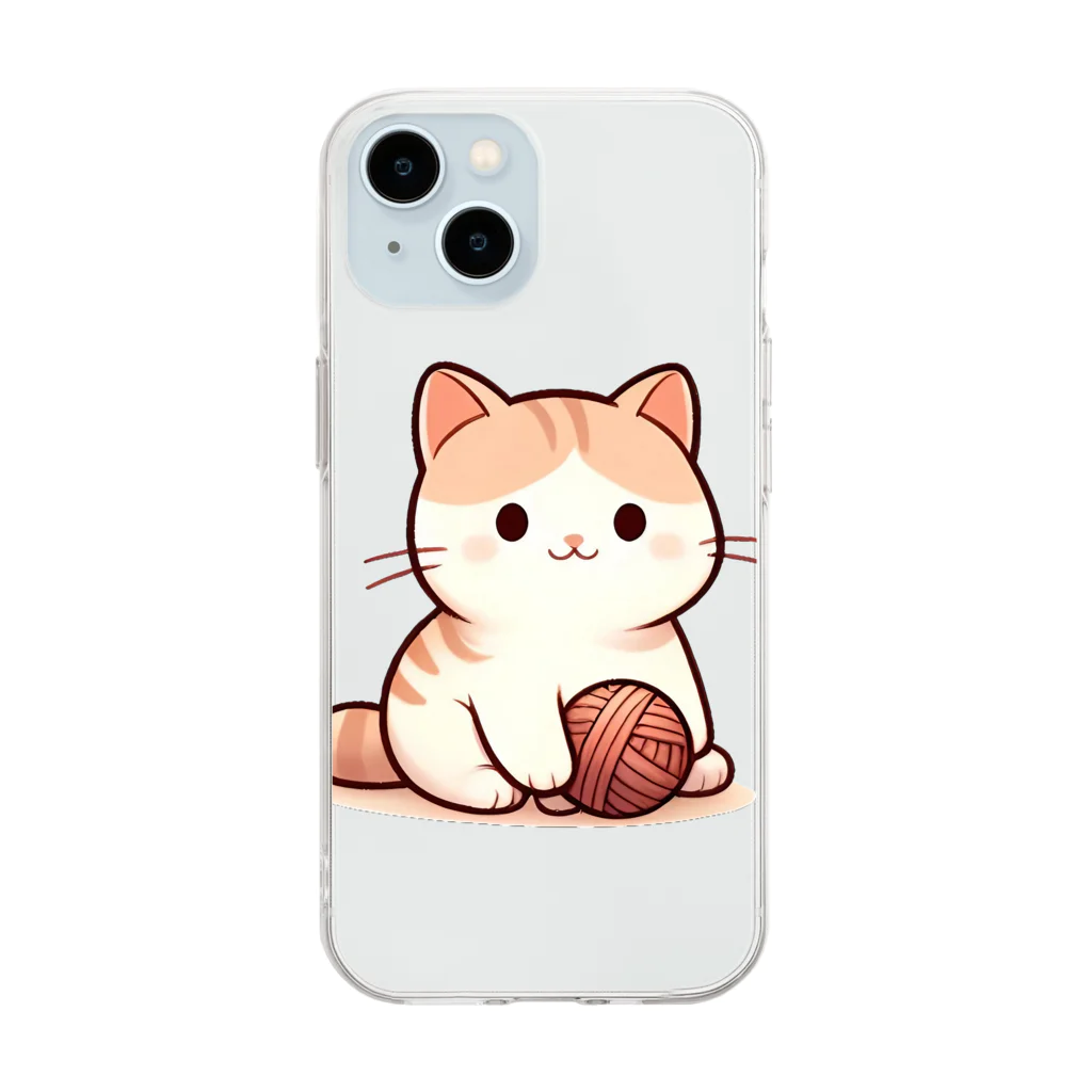 ふわふわ動物スタジオのふわふわの愛らしい猫ちゃんと毛糸玉 Soft Clear Smartphone Case