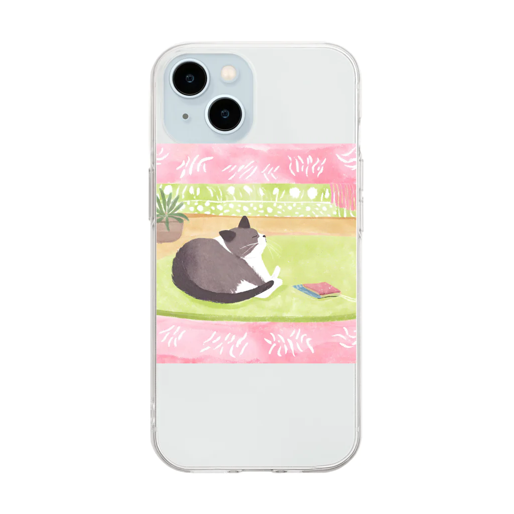 くつろぎ堂☆ネコにゃん☆イヌわんのくつろぎキャットグレー Soft Clear Smartphone Case