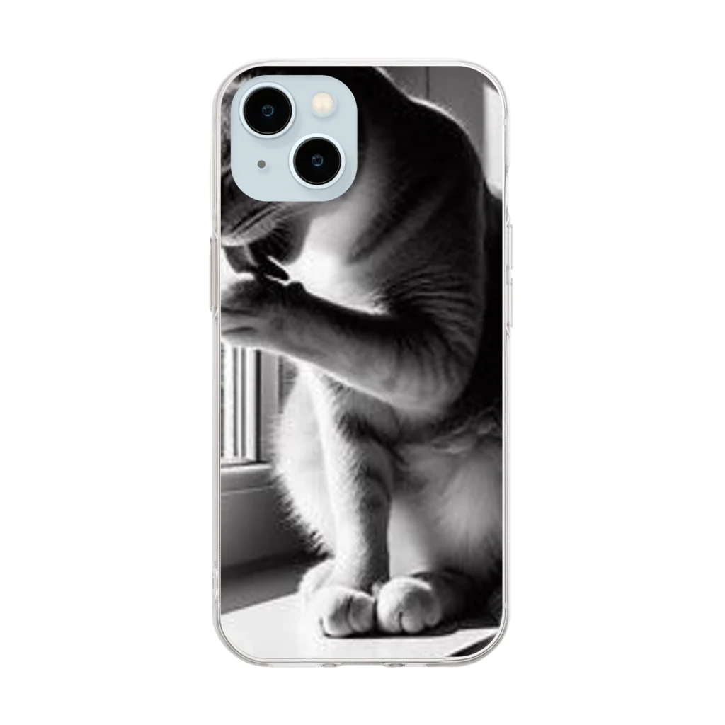 猫は癒やしの毛づくろい猫 Soft Clear Smartphone Case