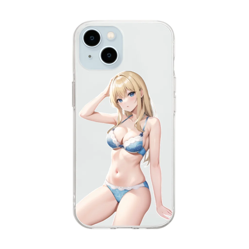 AIオリジナルイラスト　美女男子の金髪の彼女が下着姿で魅了する Soft Clear Smartphone Case