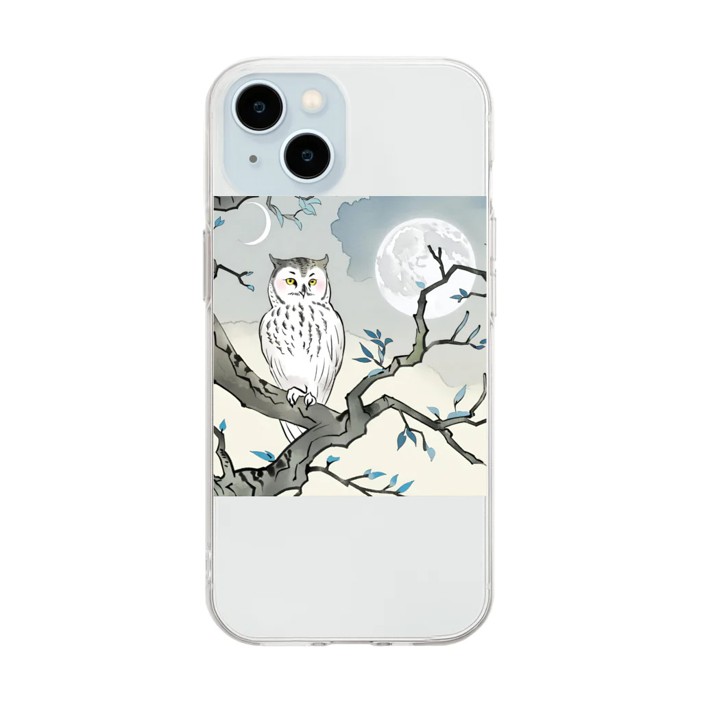 bigbamboofamilyの月明かりと梟 Soft Clear Smartphone Case