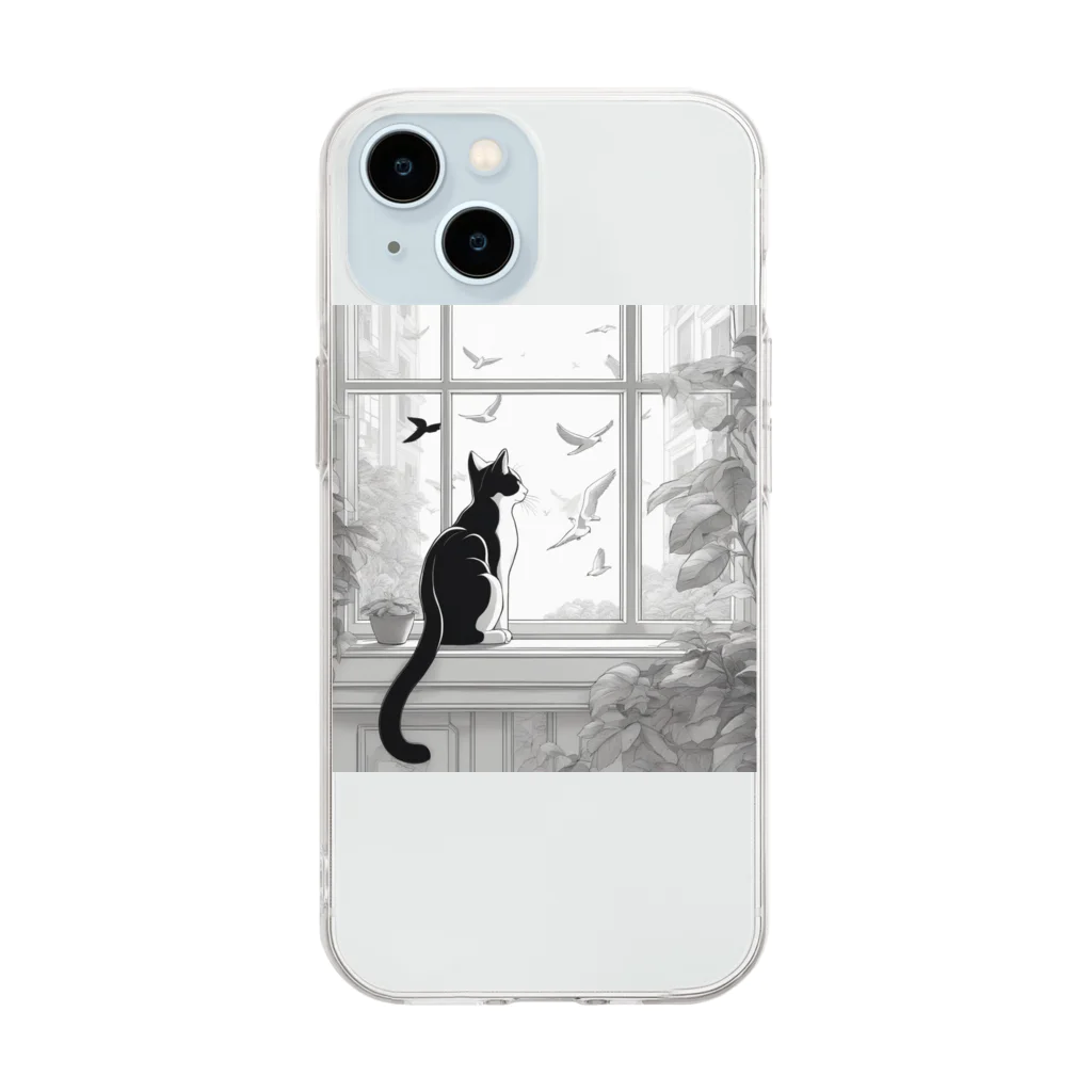 kotaro___000の窓辺で鳥を見つめている猫 Soft Clear Smartphone Case