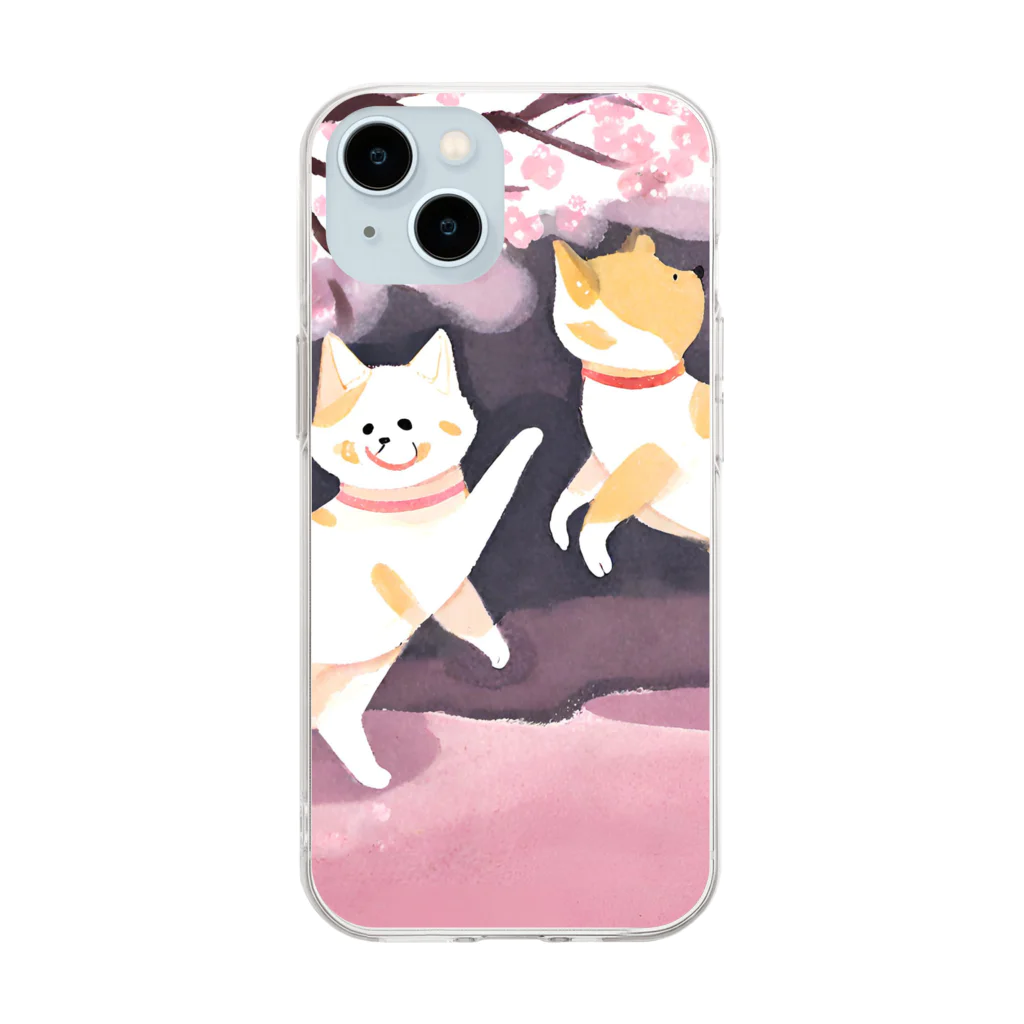 Shironekokuuの桜で遊ぶ犬と猫 Soft Clear Smartphone Case