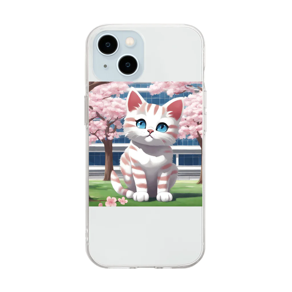 yoiyononakaの春と桜と虎縞白猫11 Soft Clear Smartphone Case