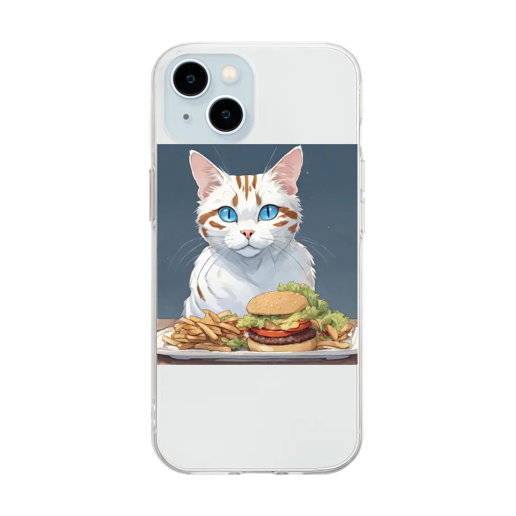 yoiyononakaのファストフードと虎縞白猫01 Soft Clear Smartphone Case