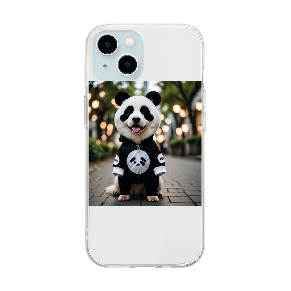 Shuji Nのパンダの着ぐるみを着た犬 Soft Clear Smartphone Case