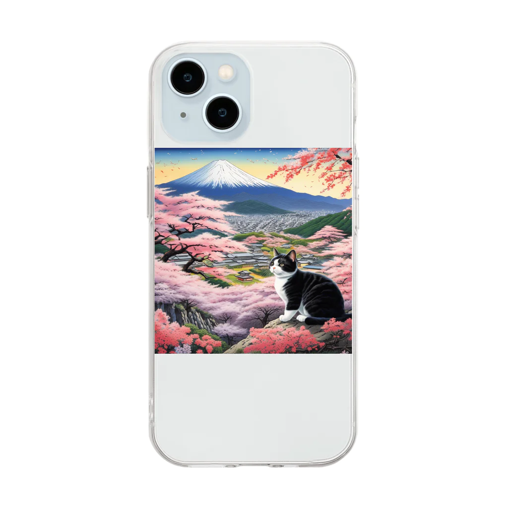 だんのんの桜と富士山と猫 Soft Clear Smartphone Case