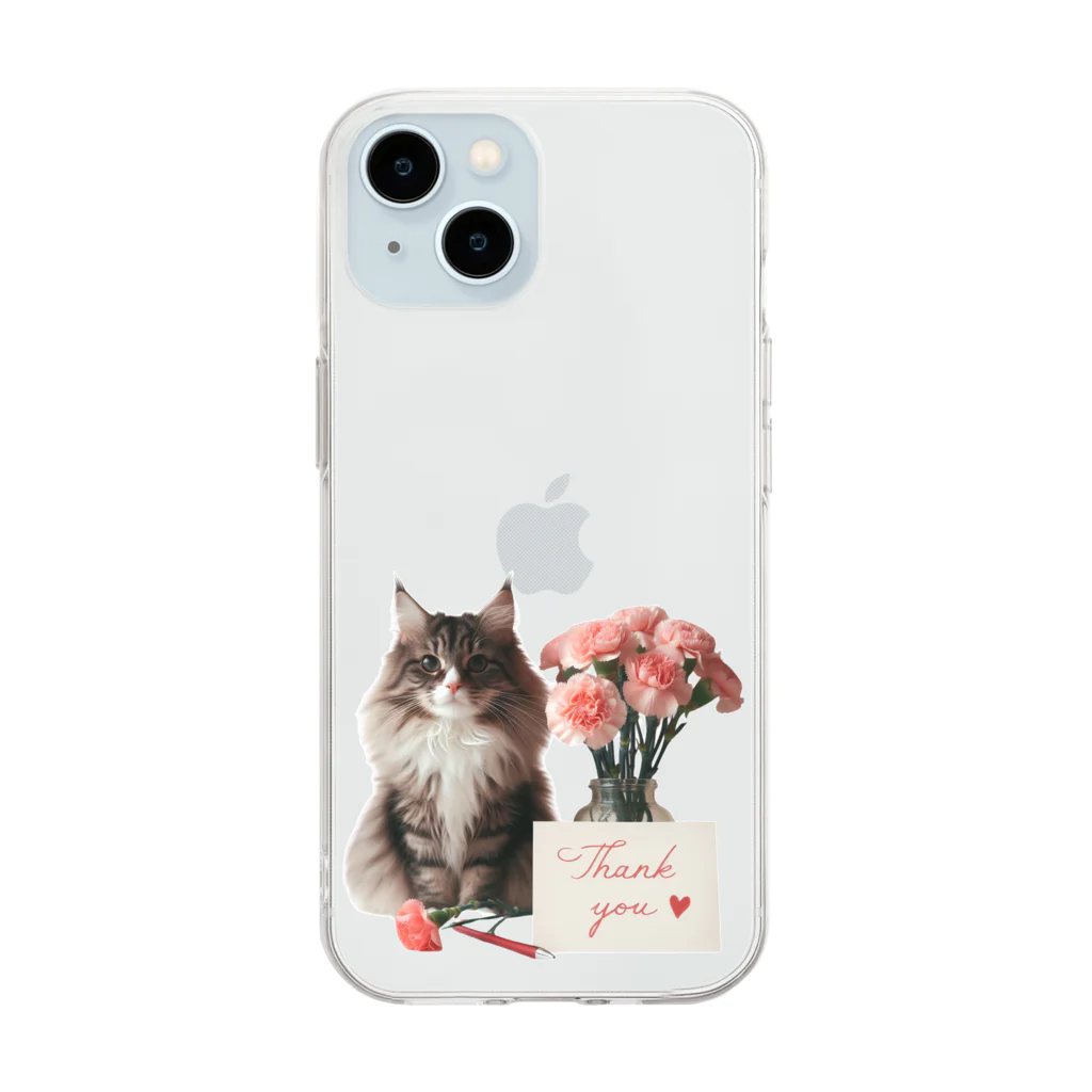 Y m @Y's shopの猫とカーネーション Soft Clear Smartphone Case