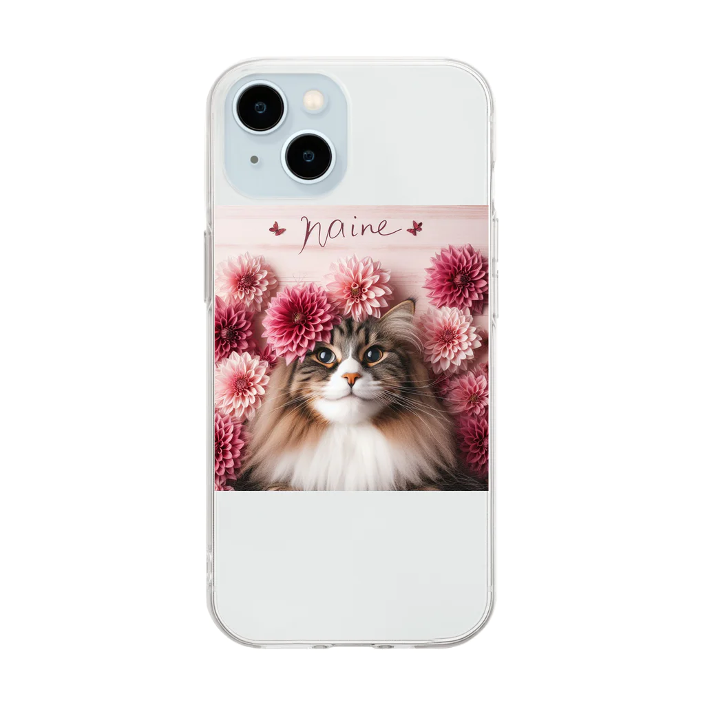 Y m @Y's shopの猫とダリア Soft Clear Smartphone Case