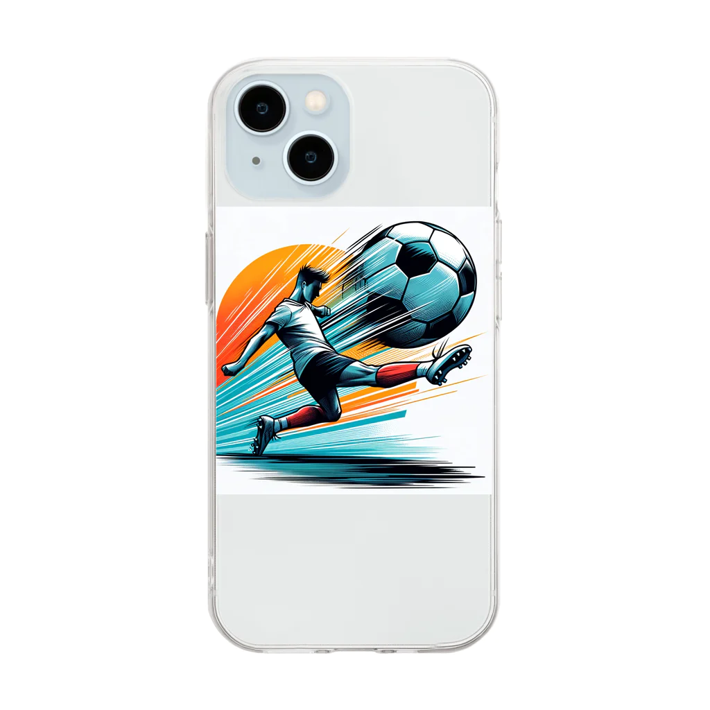 pothossysの夕日を背にサッカーボールを蹴りシュート Soft Clear Smartphone Case