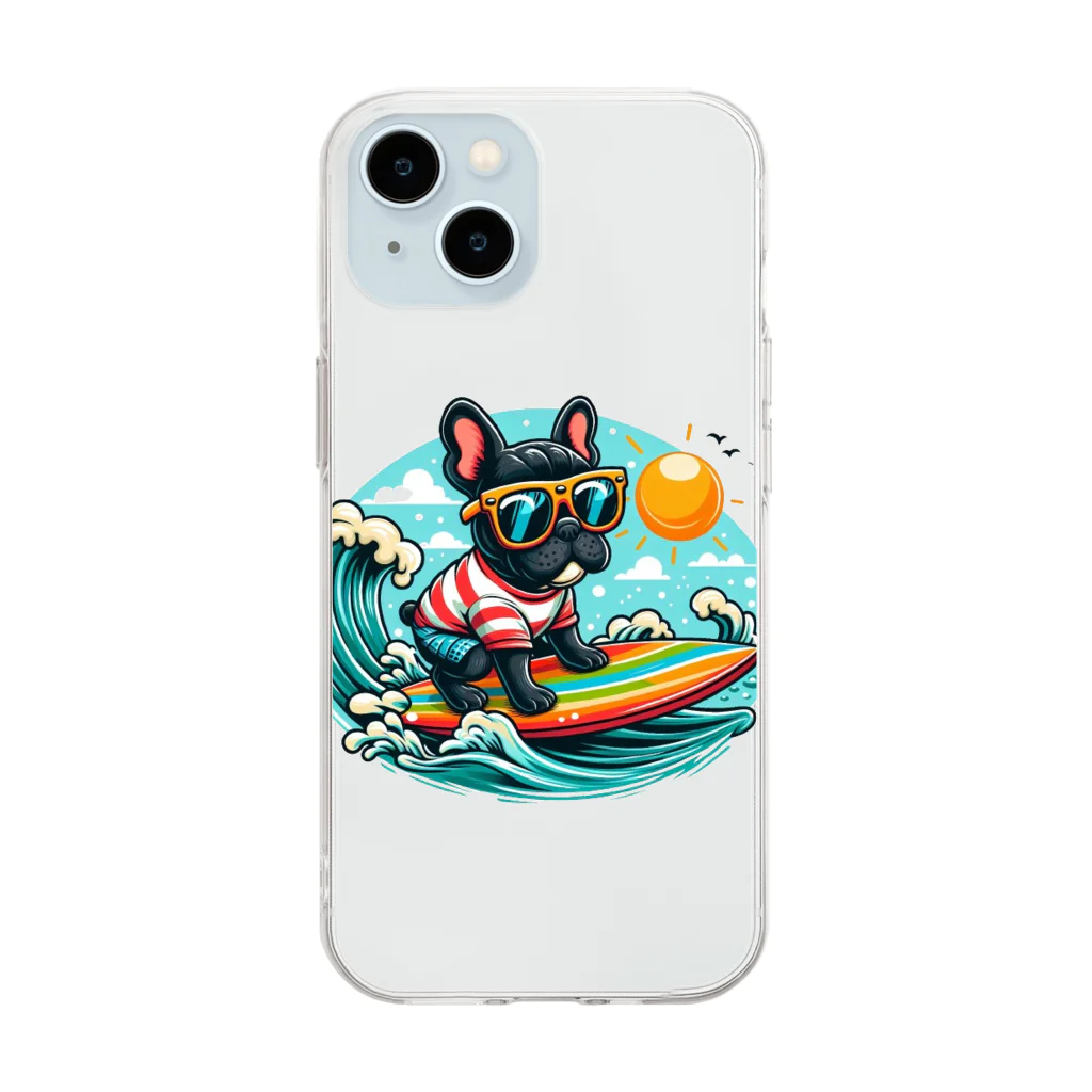 Surfing Dogの波乗りフレンチブルドッグ Soft Clear Smartphone Case