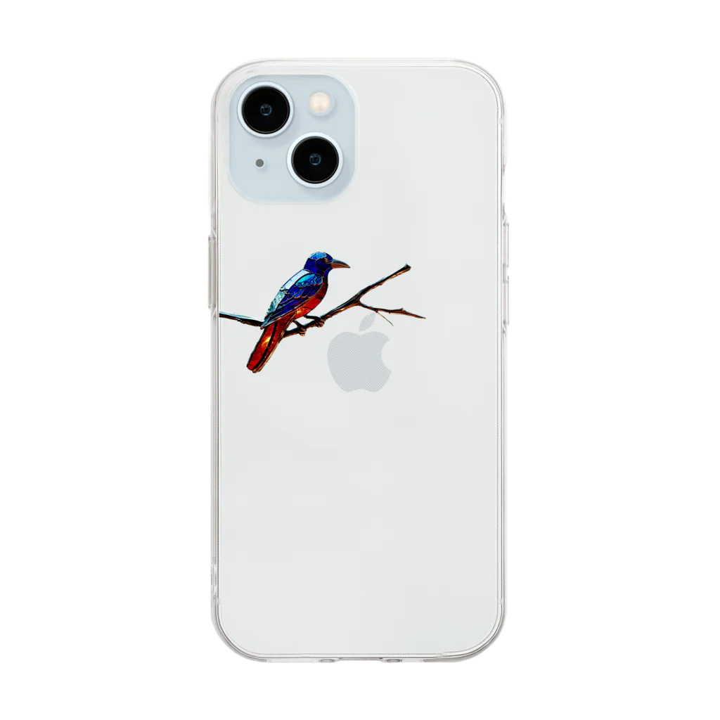 NaRaNiのガラスカラス　stained glass crow  Soft Clear Smartphone Case