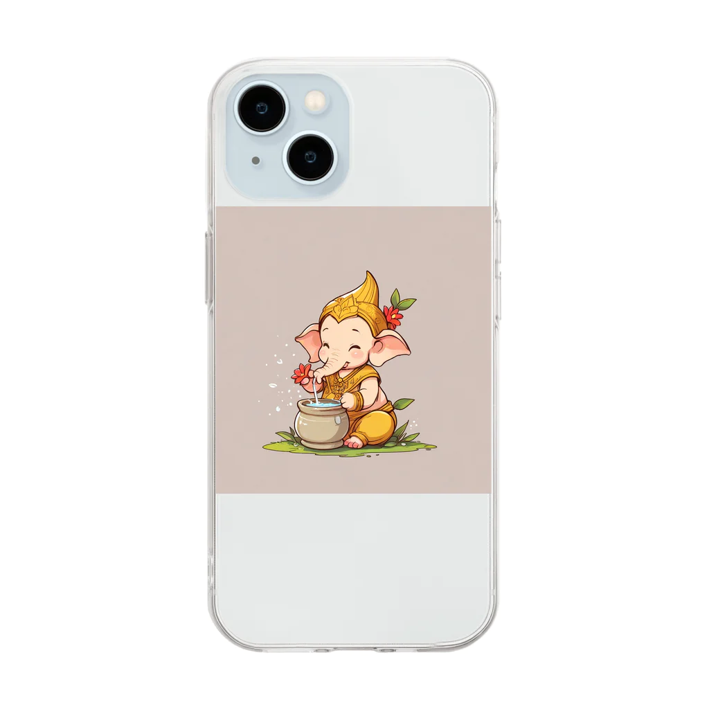 ganeshaのかわいいガネーシャの水やり花 Soft Clear Smartphone Case