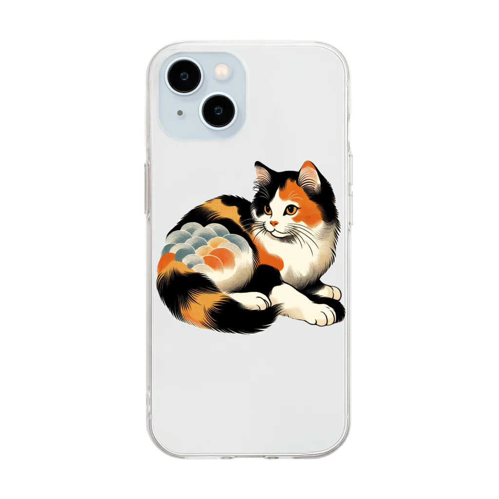 eveeveの浮世絵の三毛猫 Soft Clear Smartphone Case