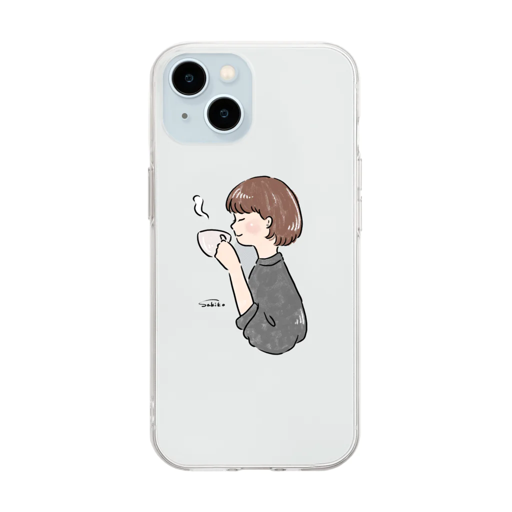 Sakikoのほっとひと息つく女の子　グレー Soft Clear Smartphone Case