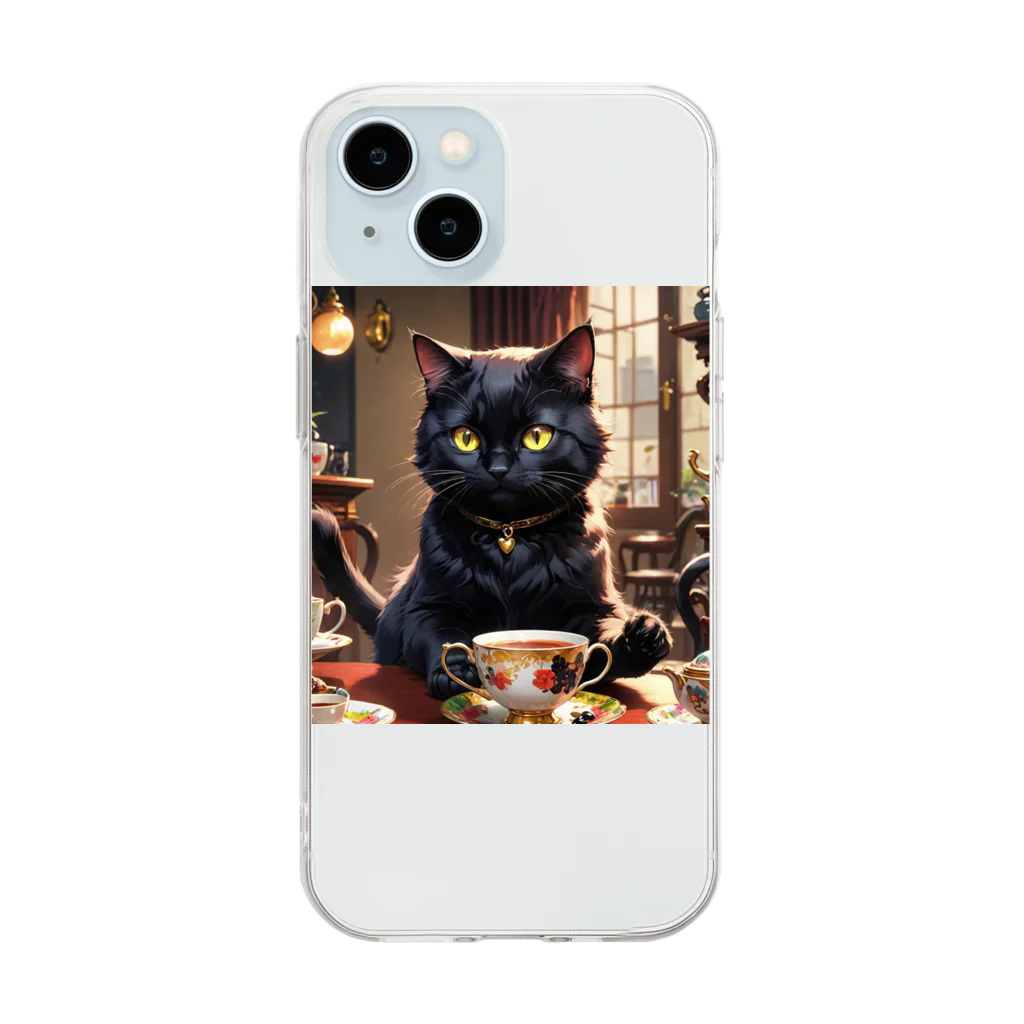 otya-nekoのお茶の時間・ティータイム黒猫 Soft Clear Smartphone Case