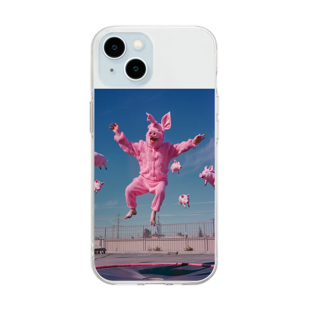 jumping animalのjumping pigs Soft Clear Smartphone Case