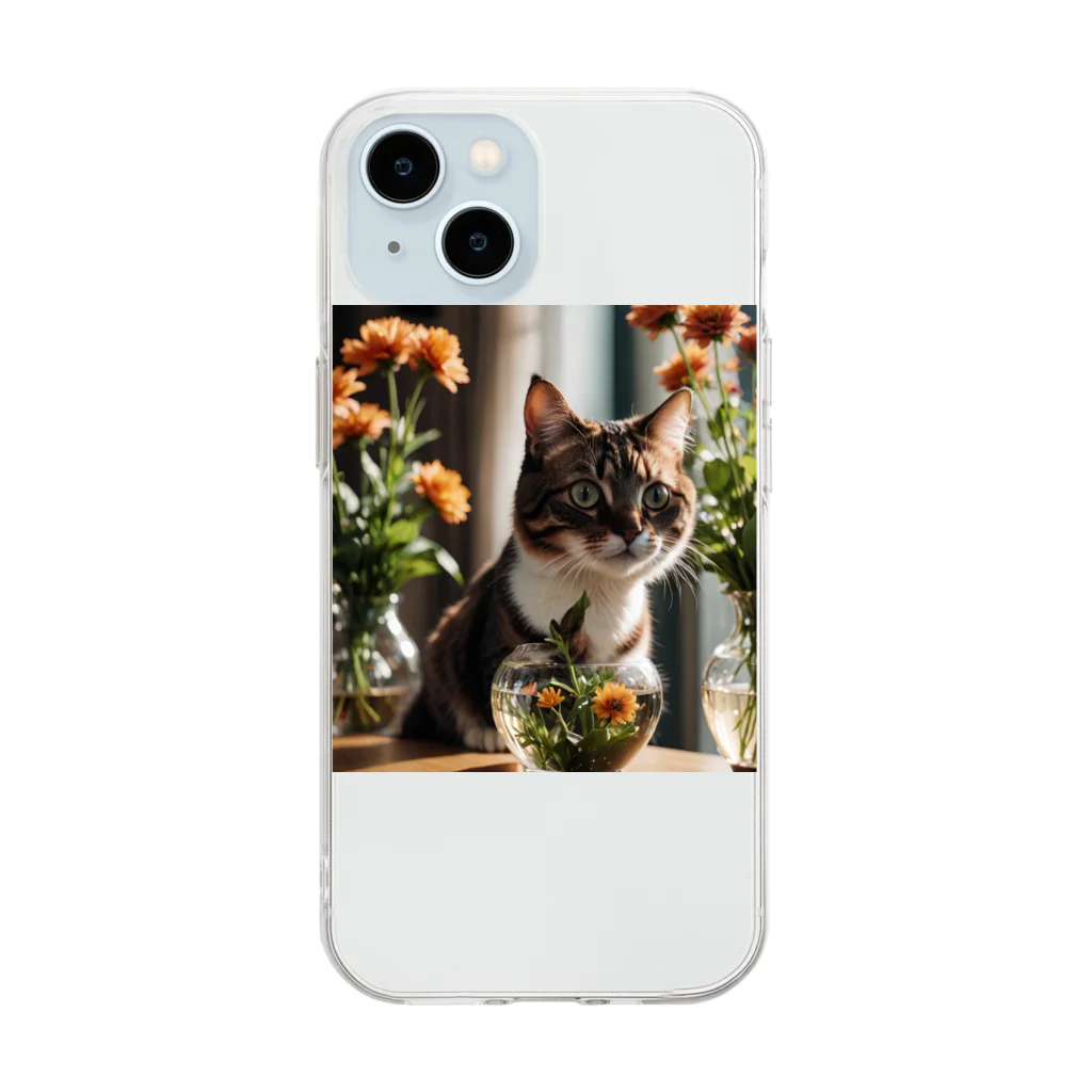 amaneiro___のお花のむこうに何かを見つけた猫 Soft Clear Smartphone Case