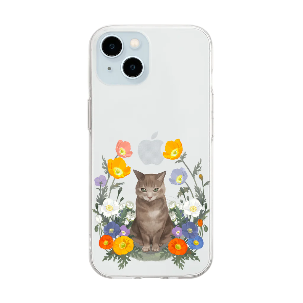 MIdesignの花と猫 Soft Clear Smartphone Case