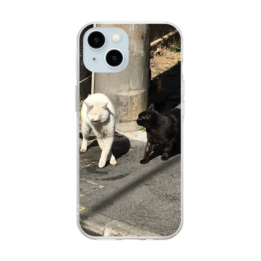 やんばるたの黒猫と白猫 電柱 Soft Clear Smartphone Case