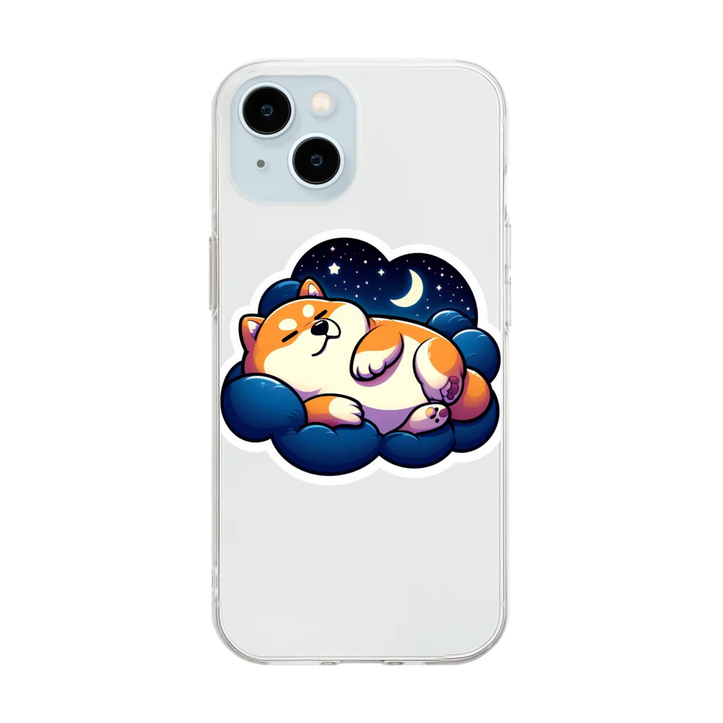 ねむいぬ(AMURO)の夜空の下で寝るぽっちゃり柴犬 Soft Clear Smartphone Case