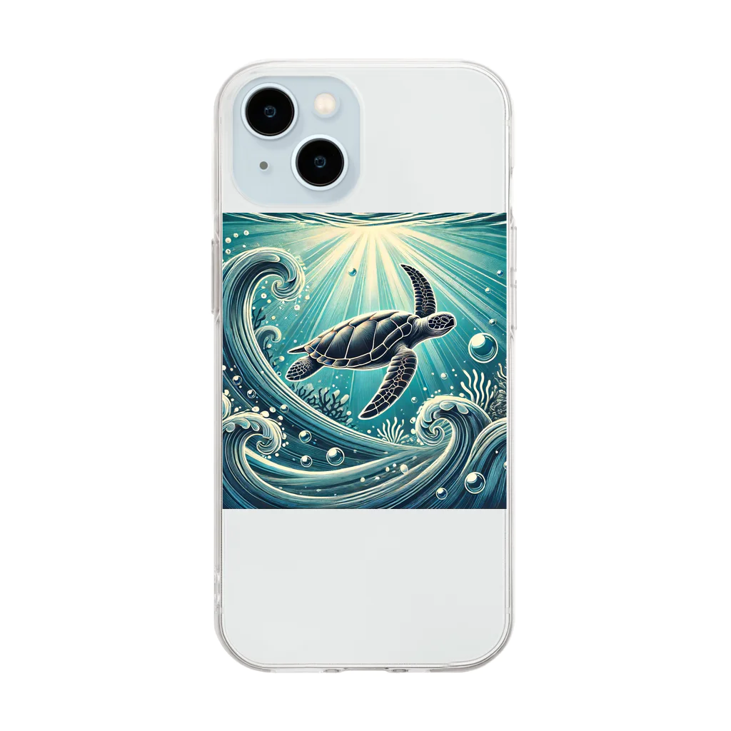 海の幸のウミガメと水流 Soft Clear Smartphone Case