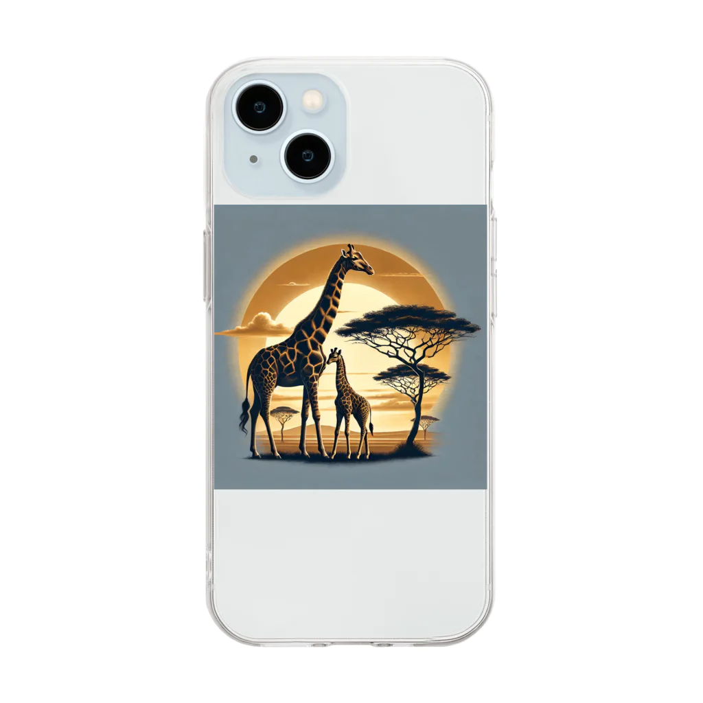 akinyan3128の夕日の中のキリンさん Soft Clear Smartphone Case