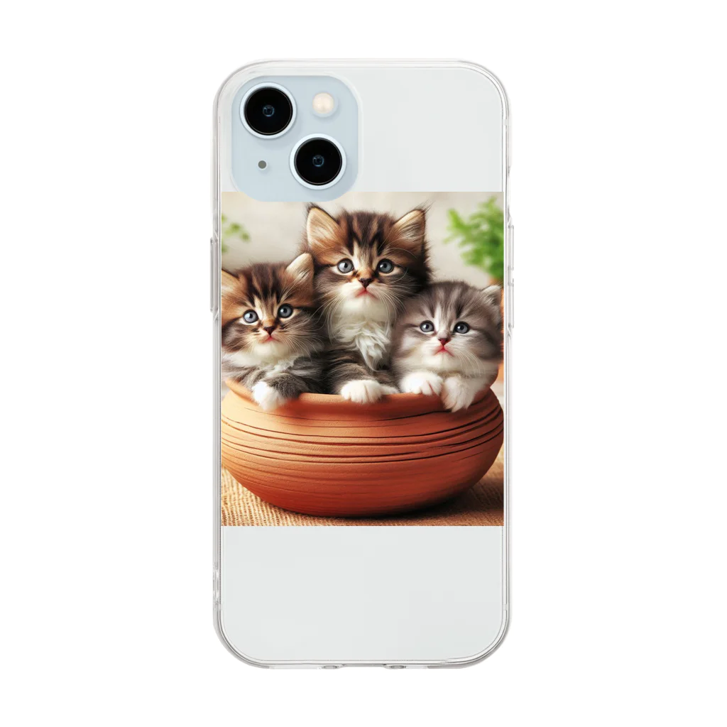 YFCの土鍋に可愛い親子猫が3匹④ Soft Clear Smartphone Case