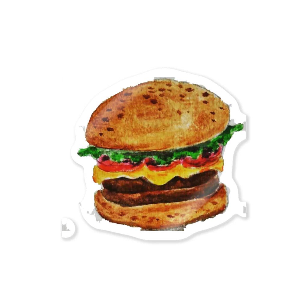 ぴーひゃら食べもの水彩画のハンバーガー水彩画 ステッカー